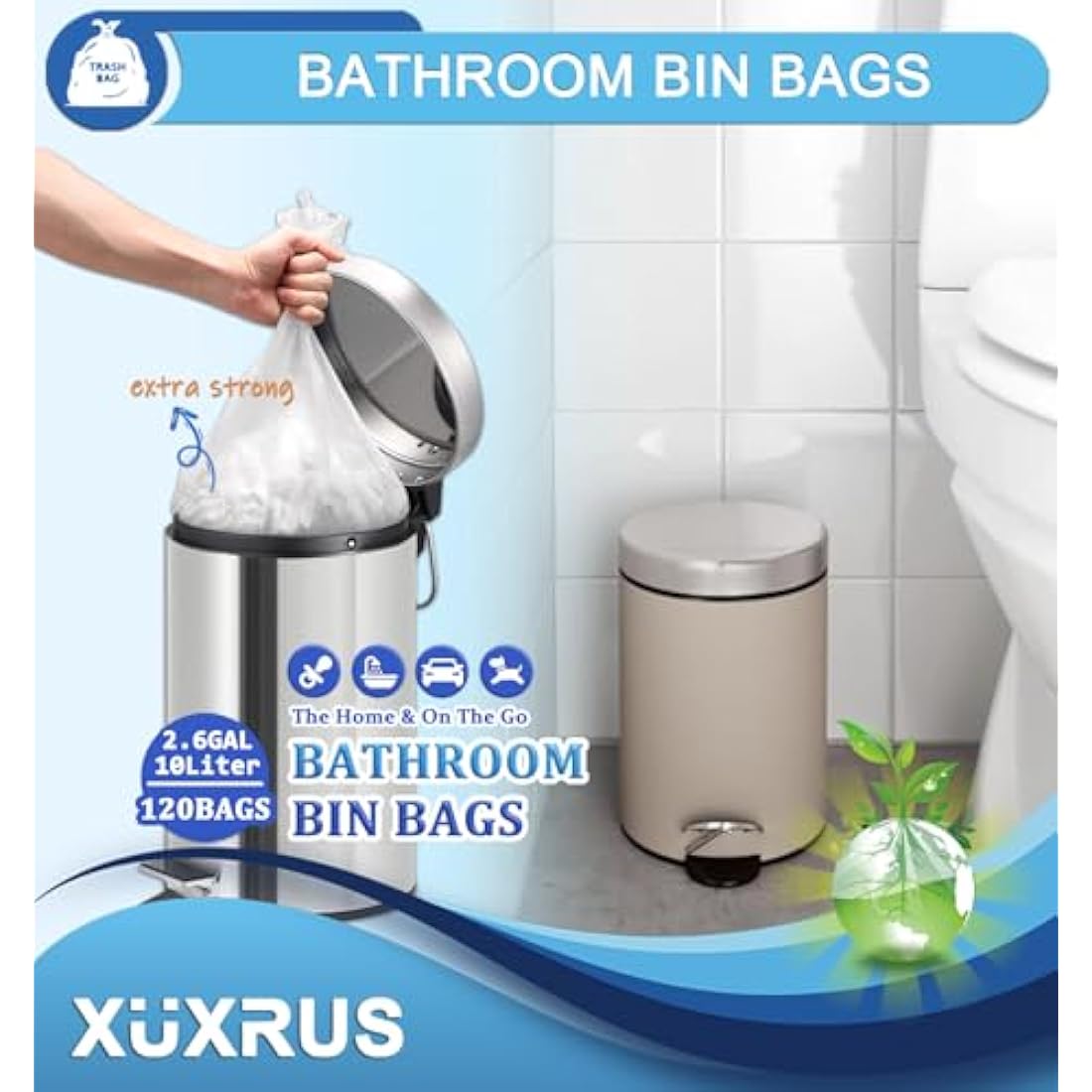 XUXRUS 10 Liter Bin Bags Small Pedal Bin Liners, 120 Count Waste Bags Strong Rubbish Bags for Bathroom, Home, Kitchen (White)