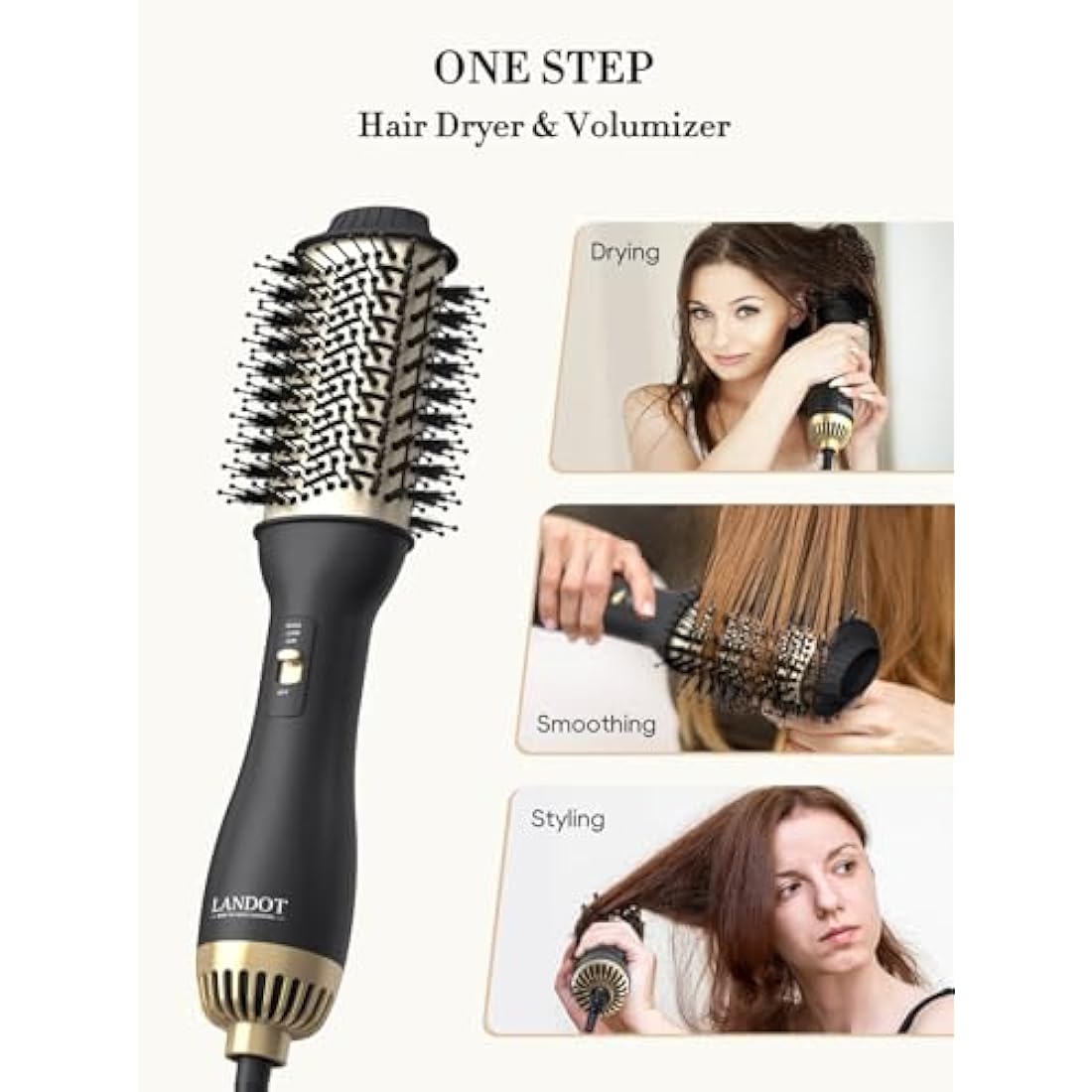 LANDOT Hair Dryer Brush, Lightweight Heated Hair Brush, One-Step Hot Air Stylers and Volumizer Blow Dryer for Drying Straightening Curling Volumizing (Black/Gold)