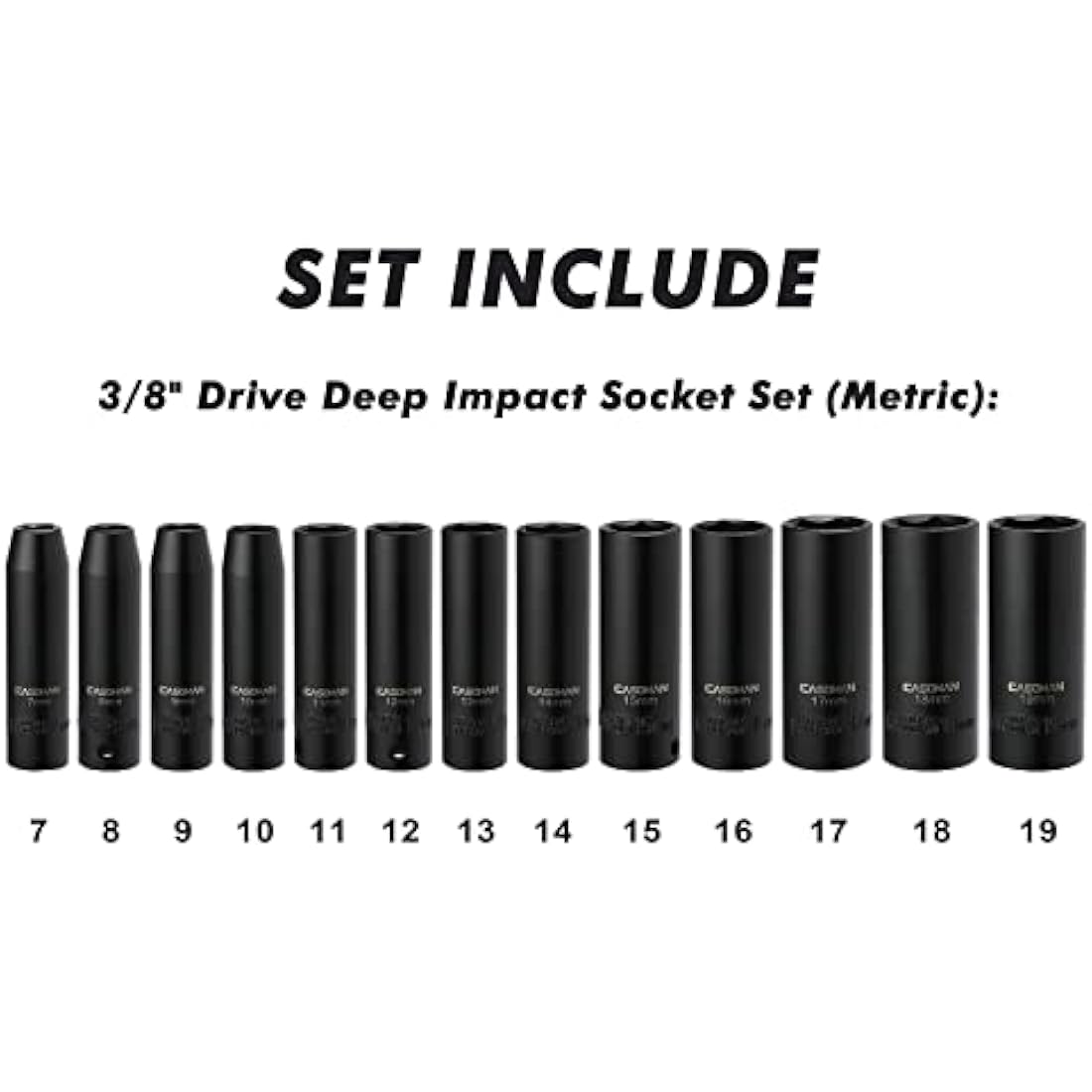 CASOMAN 3/8-Inch Drive Impact Socket Set, 6-Point, Metric, Deep, CR-V, 7mm to 19mm, 13 Piece Set