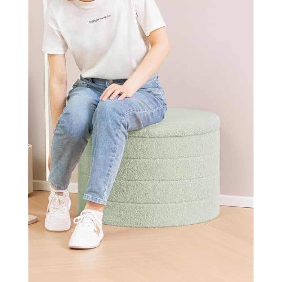 Bonlife Extra Large Folding Round Ottoman with Storage,Boucle Ottoman Stool, Footstool Seat Coffee Table,Toy Box Storage,Footrest Stool for Living Room,Bedroom,Green,56x56x40cm
