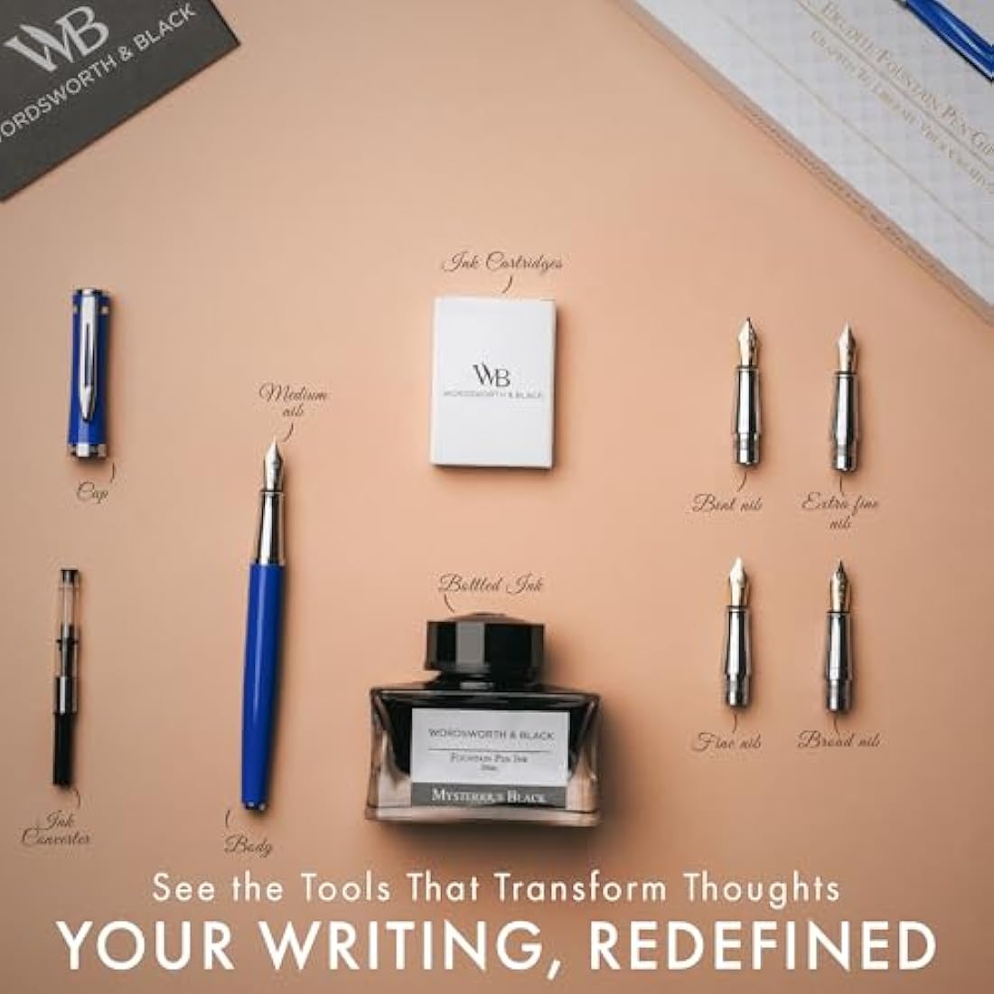 Wordsworth & Black Fountain Pen Gift Set, Includes Ink Bottle, 6 Ink Cartridges, A Refill Converter, 4 Replacement Nibs, Premium Package, Journaling, Calligraphy, Smooth Writing Pens [Blue Chrome]