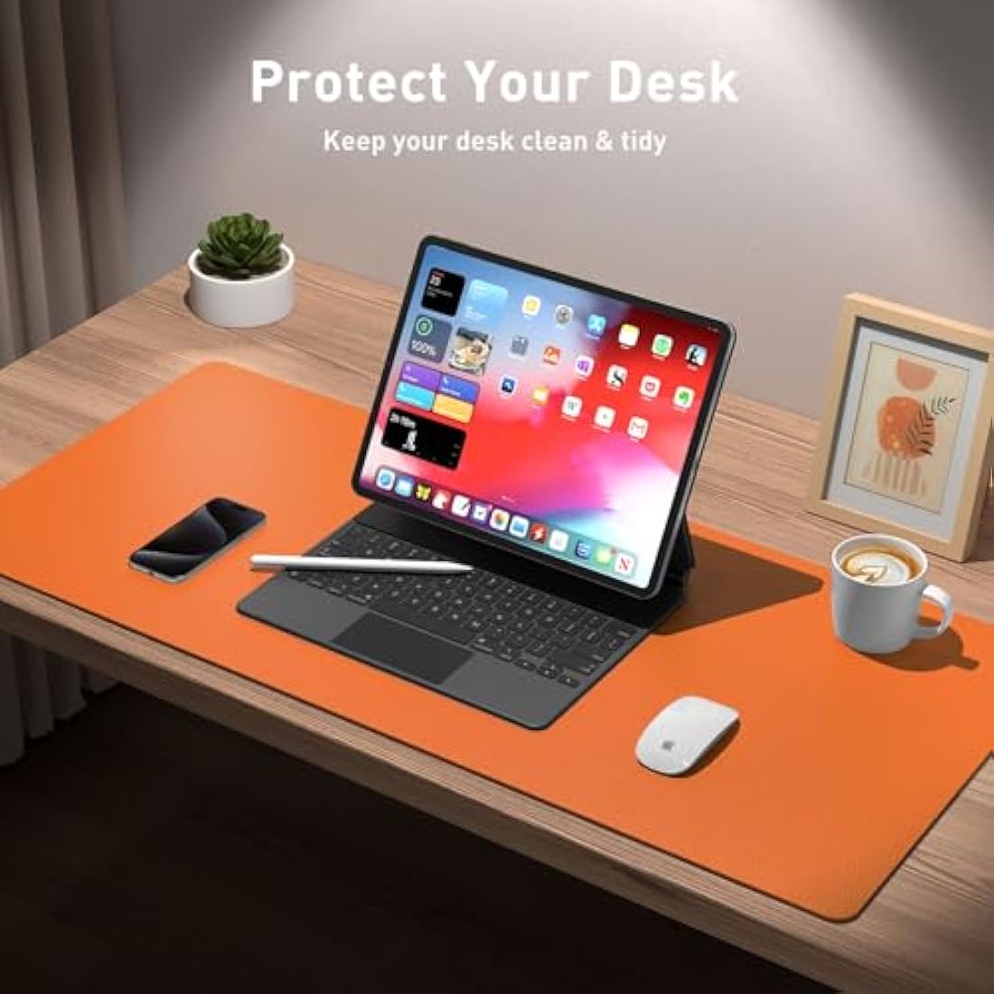 Leather Desk Pad Protector,Mouse Pad,Office Desk Mat, Non-Slip PU Leather Desk Blotter,Laptop Desk Pad,Waterproof Desk Writing Pad for Office and Home (80cmx40cm,Hermes Orange)