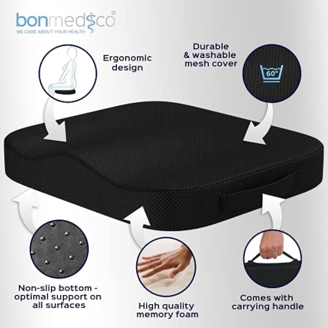 bonmedico Memory Foam Seat Cushion for Office Chair - Non-Slip, Seat Pads for Coccyx Pain Relief to Support Standing - Portable Car Seat Cushion w/Handle for Lower Back Support