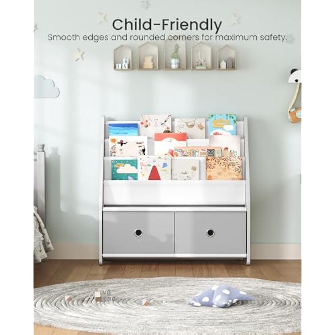 CHOEZON Kids Bookshelf, 4 Tier Children's Bookcase, Large Capacity Kids Book Rack and Toy Storage, for Kids Room, Nursery, Playroom, White and Gray DMCW06WT