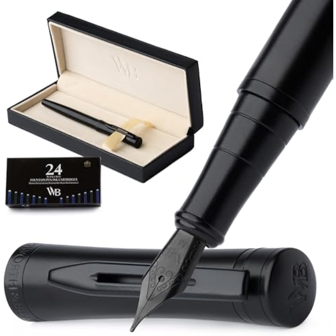 Wordsworth & Black Fountain Pen Set, Medium Nib, Includes 24 Pack Ink Cartridges, Ink Refill Converter & Gift Box, Calligraphy, [All Black], Perfect for Men & Women