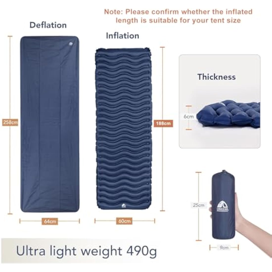 Unigear Ultralight Inflatable Sleeping Pad, Compact Air Camping Mat,Lightweight Camping Mattress for Backpacking, Hiking and Traveling