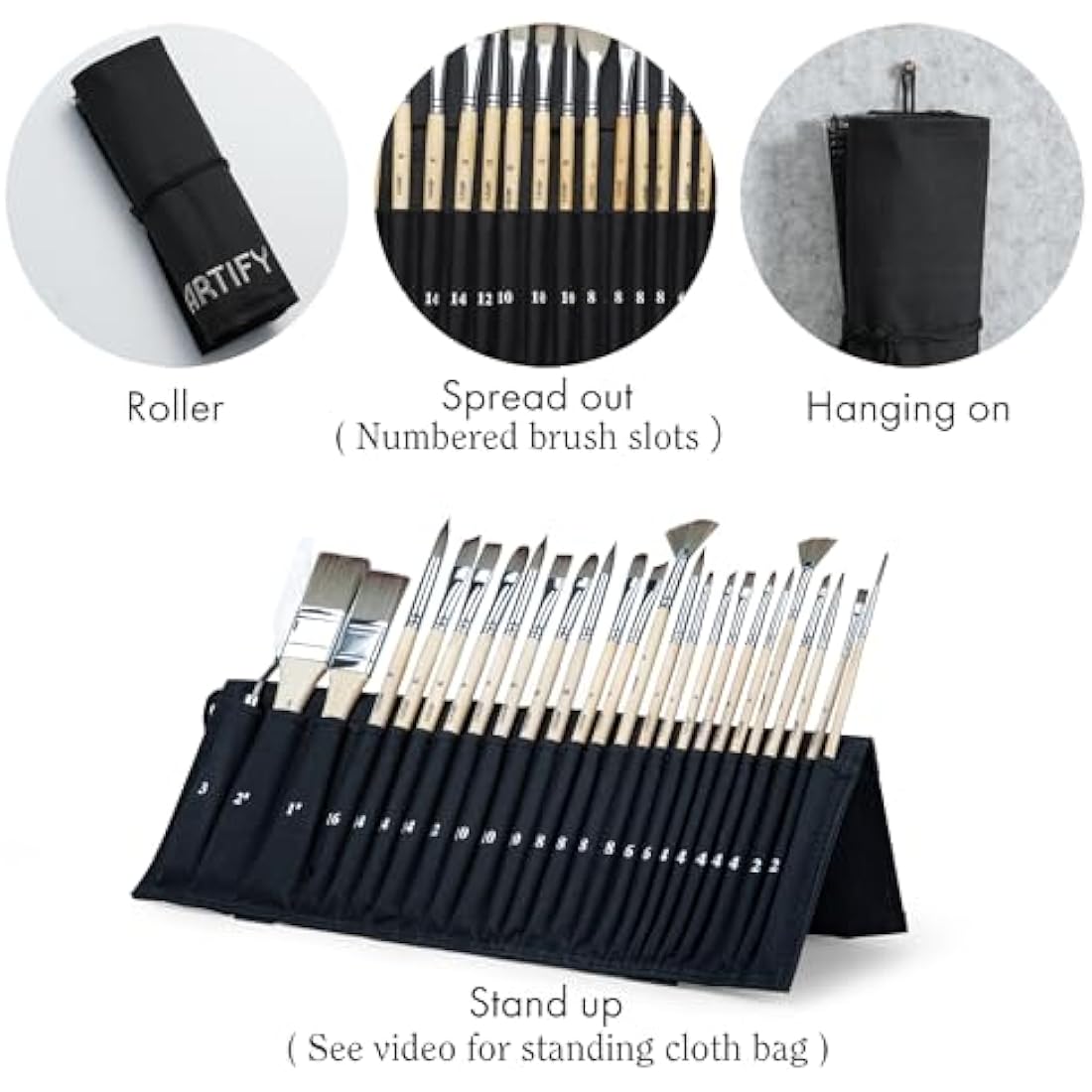 ARTIFY 25 Pieces Professional Paint Brush Set, paint brushes with Multi-Shape-Flat, Filbert, Round, Fan, Nylon Brushes with Premium Canvas Bag for Acrylic/Oil/Watercolor/Gouache/Face Painting (Birch)