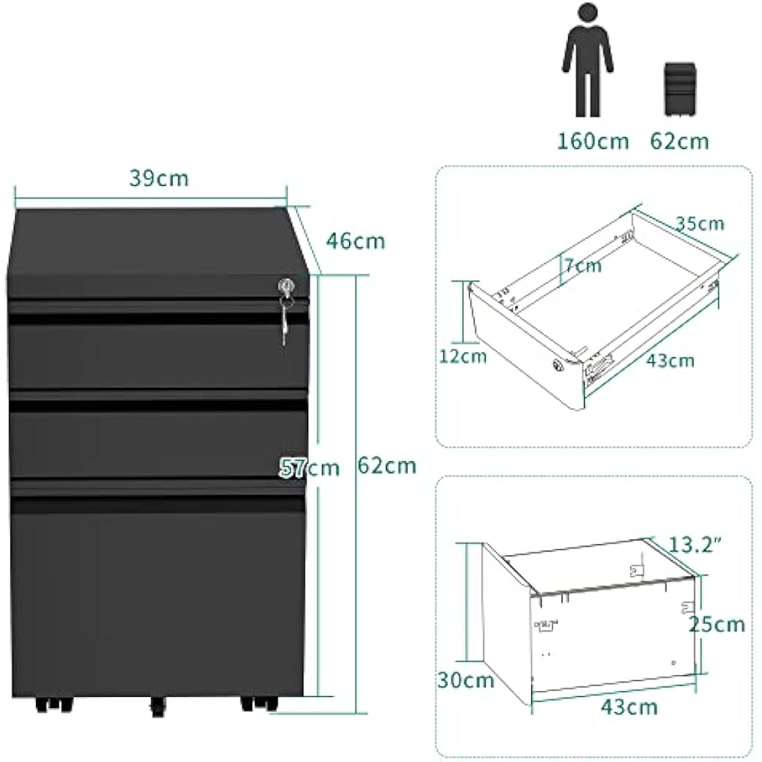 YITAHOME 3-Drawers Lockable File Cabinet for Letter/legal/A4 Size, Home Office Mobile Filing Cabinet with Wheel, Anti-tipping Under Desk File Storage Cabinets, Fully Assembled, Black, 46 x 39 x 62cm