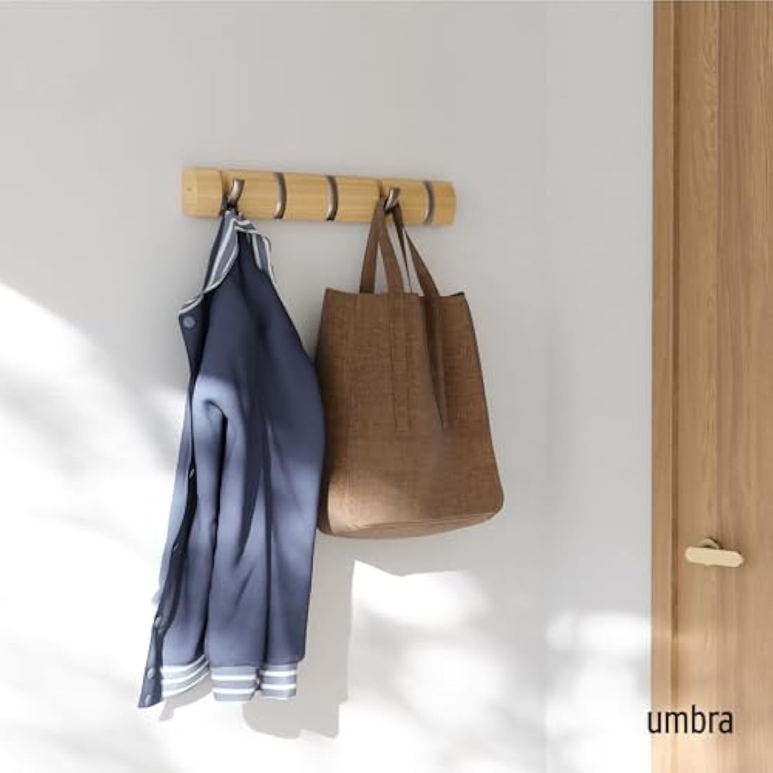 Umbra Flip 5-Hook Wall Mounted Coat Rack, Modern, Sleek, Space-Saving Coat Hanger with 5 Retractable Hooks to Hang Coats, Scarfs, Purses and More, Natural, Natur