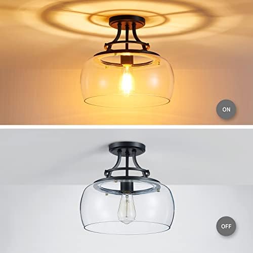 WUZUPS Chandelier Rustic Farmhouse Industrial Round Semi-flushmount Ceiling LED Light Fixture with Clear Glass Shades for Bathroom Kitchen Foyer Entryway, H 30 x W 34, E27 Base, Black