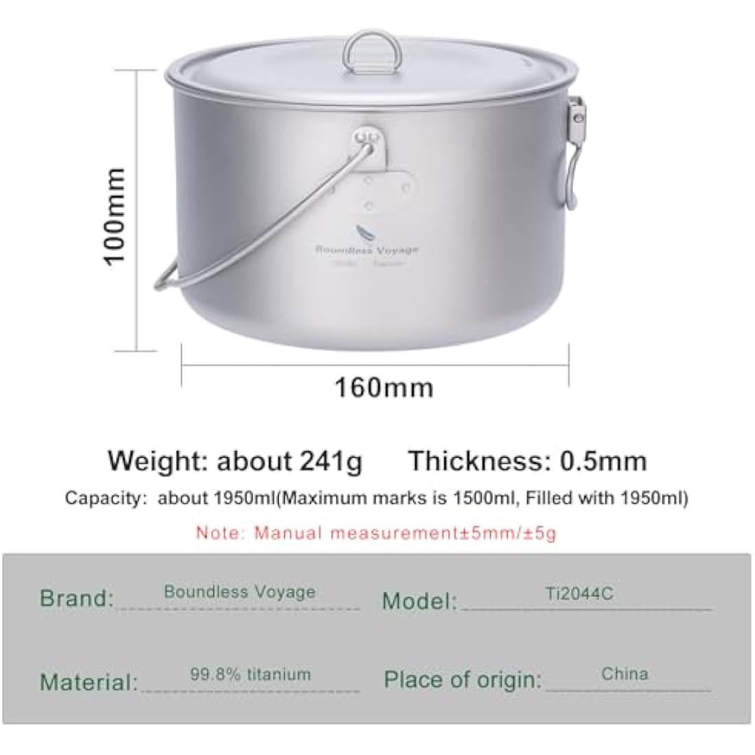 Boundless Voyage Outdoor Titanium Pot with Lid Folding Bail Handle Camping Hiking Picnic Ultralight Portable Water Bottle Cup Mug Spork Set 1950ml Pan