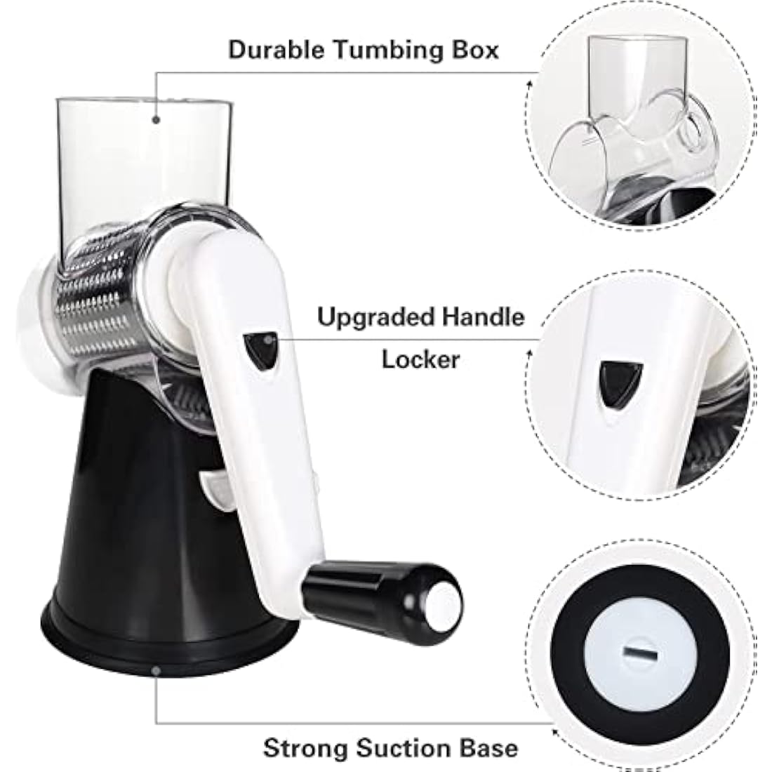 Ourokhome Rotary Cheese Grater Vegetable Slicer - Rotary Round Drum Grater Chopper with 3 Stainless Steel Drums Strong Suction Base (Black)