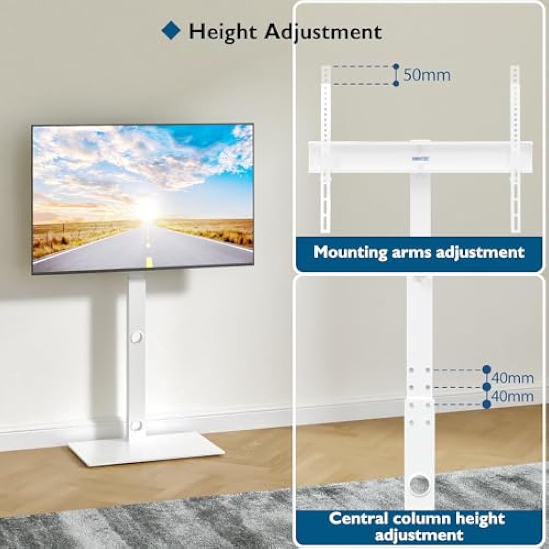 BONTEC TV Floor Stand for 30-70 inch LED LCD OLED Plasma Flat Curved TVs, Height Adjustable Tall TV Stand with Brackets up to 40kg, Max VESA 600x400mm White