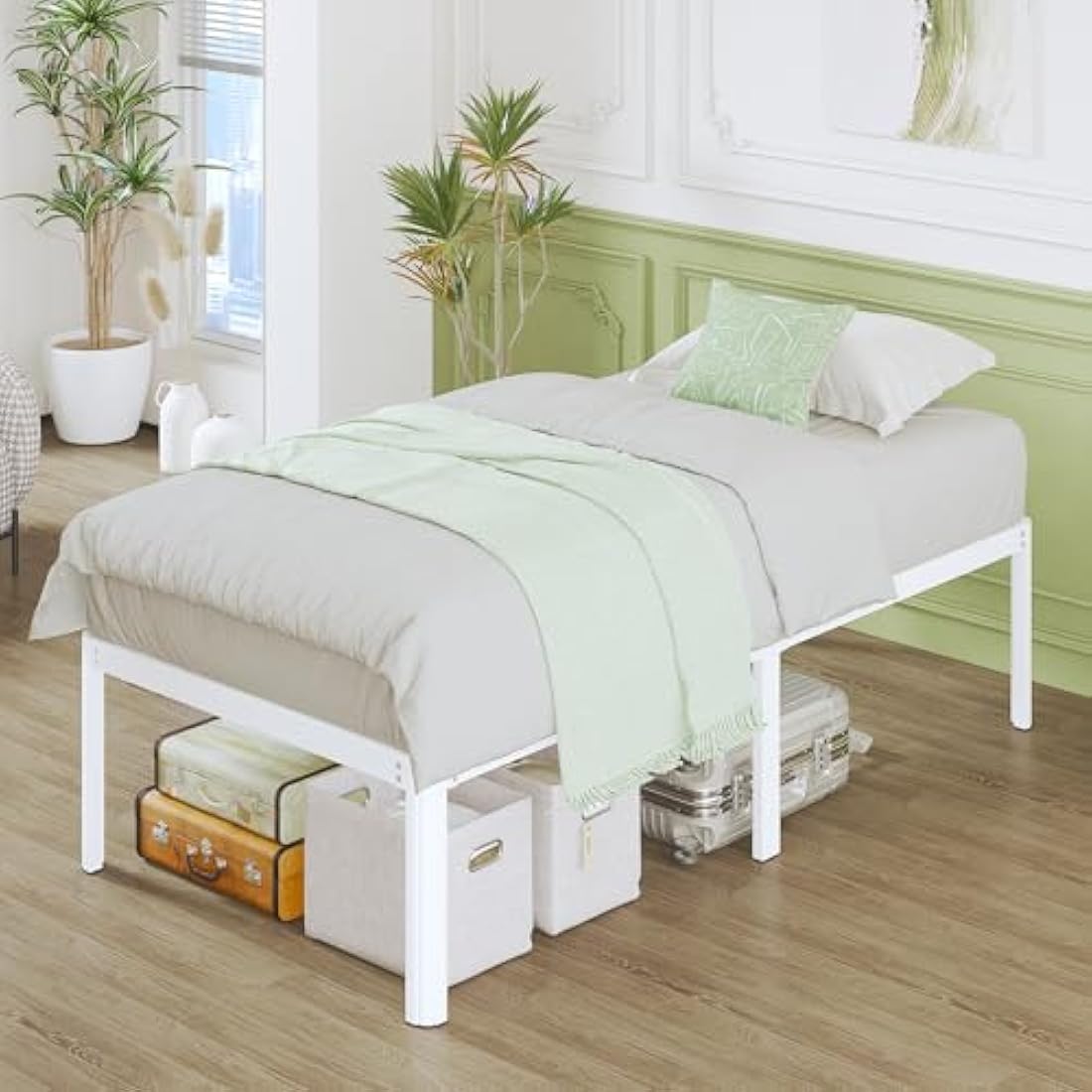 Lutown-Teen 3ft Single Bed Frame 46 cm High with Rounded Corners, Heavy Duty Metal Bed Frames Single with Steel Slats, Ample Storage Underneath, Noise Free, Easy Assembly, White