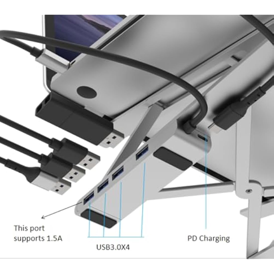 Properav Portable Aluminium Laptop Stand with Integrated 100W PD USB-C Charging Hub inc 4 x USA-A Ports for Dell, Toshiba, HP, Samsung, MacBook, Lenovo