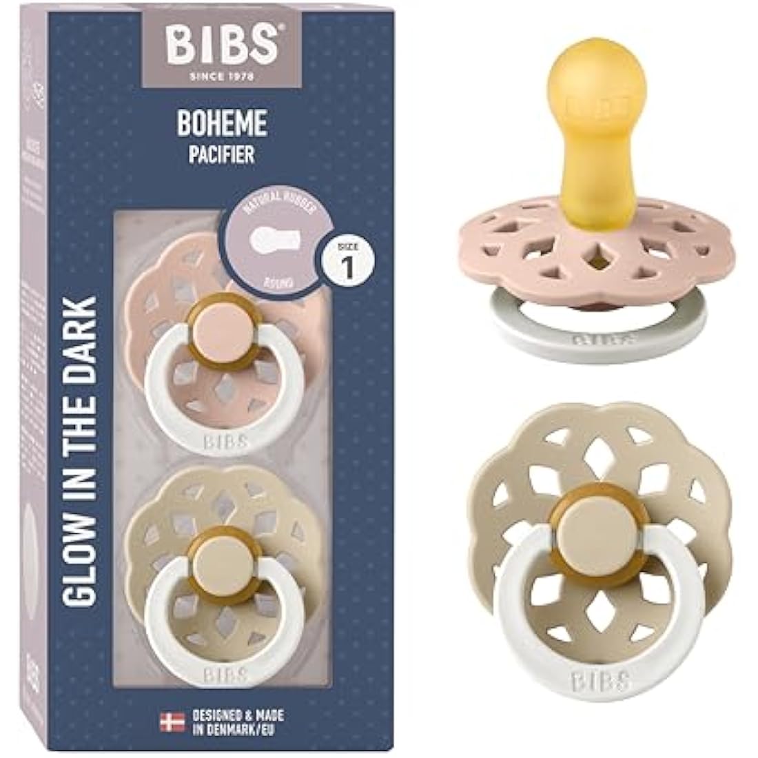 BIBS Boheme Glow in The Dark Soother 2-Pack. BPA Free. Round Nipple Latex, Size 1 (0-6 Months), Blush Glow/Vanilla Glow