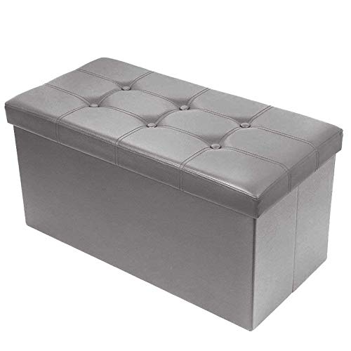 BRIAN & DANY Folding Ottoman Storage Bench with Lid, Foot Stool Faux Leather Large Storage boxes with Lid, Gray, 76 x 38 x 38 cm
