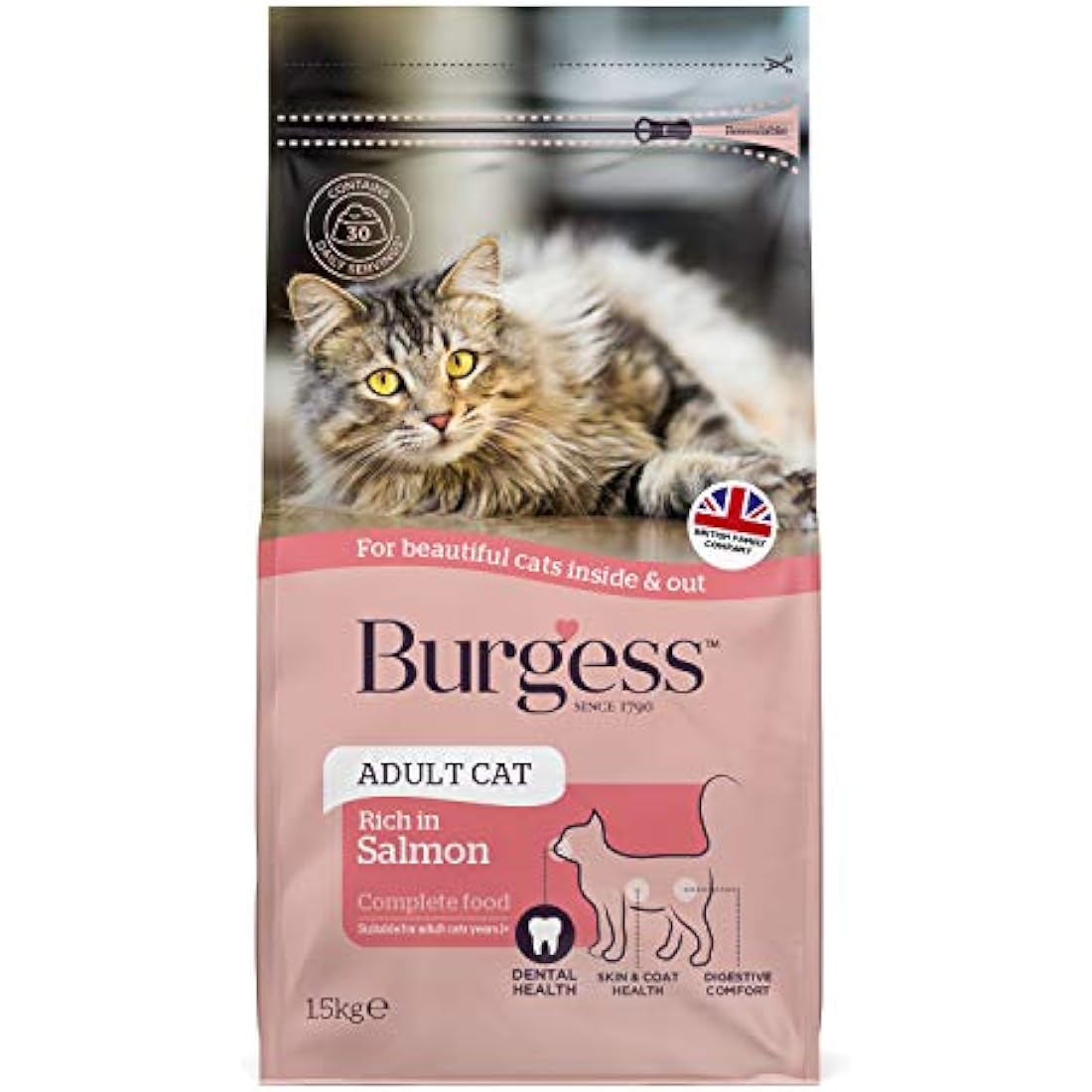 Burgess Dry Cat Food for Adult Cats Rich in Salmon, 1.5 kg