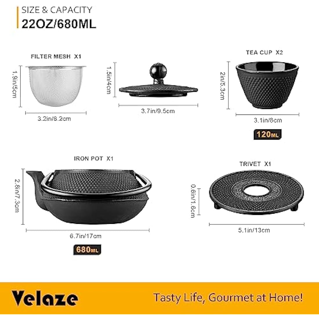 Velaze Iron Teapot set, Traditional Japanese Tetsubin Tea Kettle Cast Iron Teapot with Stainless Steel Infuser, Antique Small Dot Design, 2 Iron Cups and Trivet Stand Tray, 700ML/ 24OZ