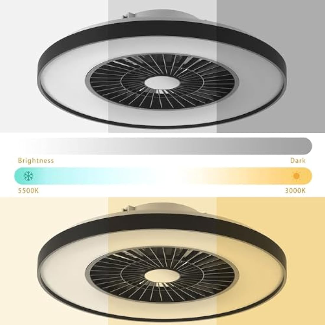 BKZO Smart LED Ceiling Light with Fan, Ceiling Fan Lights Stepless Wind Speed Adjustment, Stepless Dimming Light, Modern Fan Lighting, 3000-5500K, Black Frame