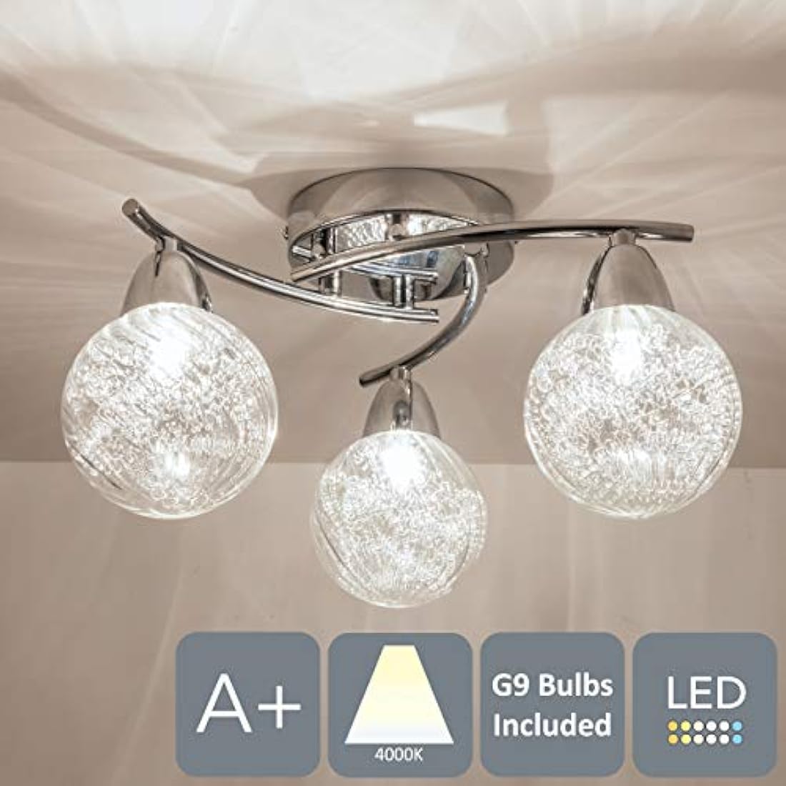 AUROLITE BOLLA 3xG9 LED Bulbs Included - Semi Flush Ceiling Light, Polished Chrome Finish, 12W, Ideal for Living Room, Bedroom, Kitchen, and Hallway (Straight, Natural White 4000K)