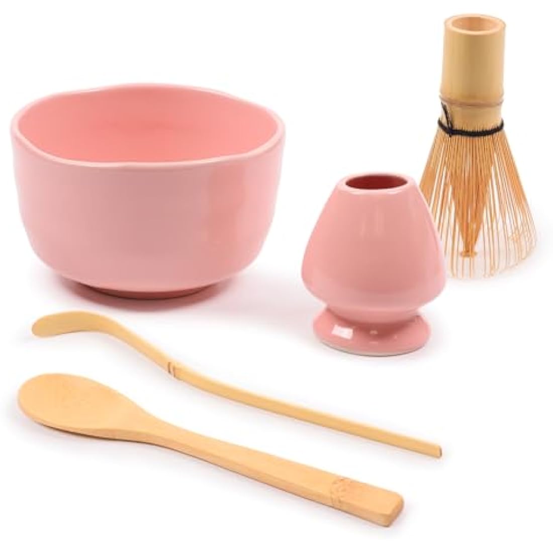 BambooMN Brand - Matcha Bowl Set (Includes Bowl, Rest,Tea Whisk, Chasaku, & Tea Spoon) 1 Set Pink