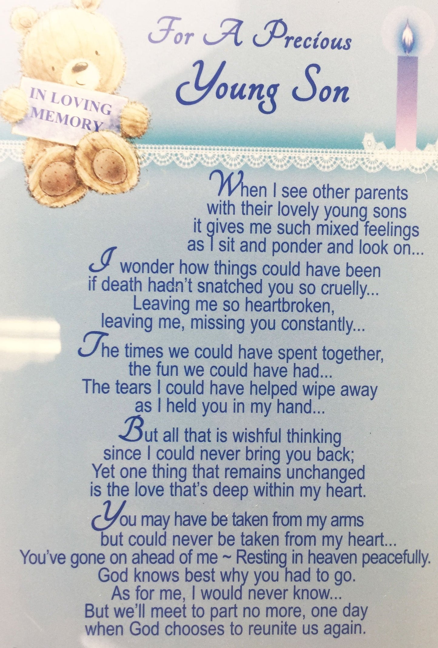 In Loving Memory - For A Precious Young Son - Grave/Graveside Memorial Card