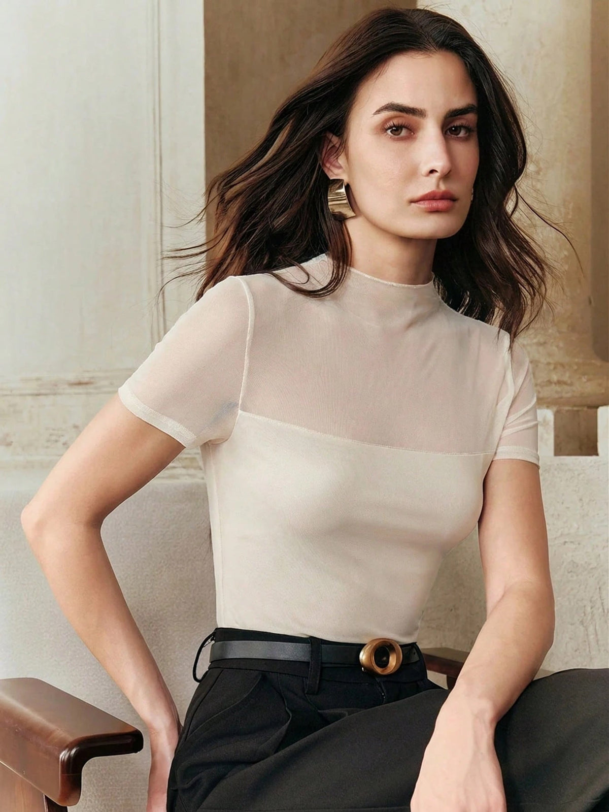 Solid-color Mesh Patchwork Spicy Chic Figure-flattering Sheer Short Sleeves