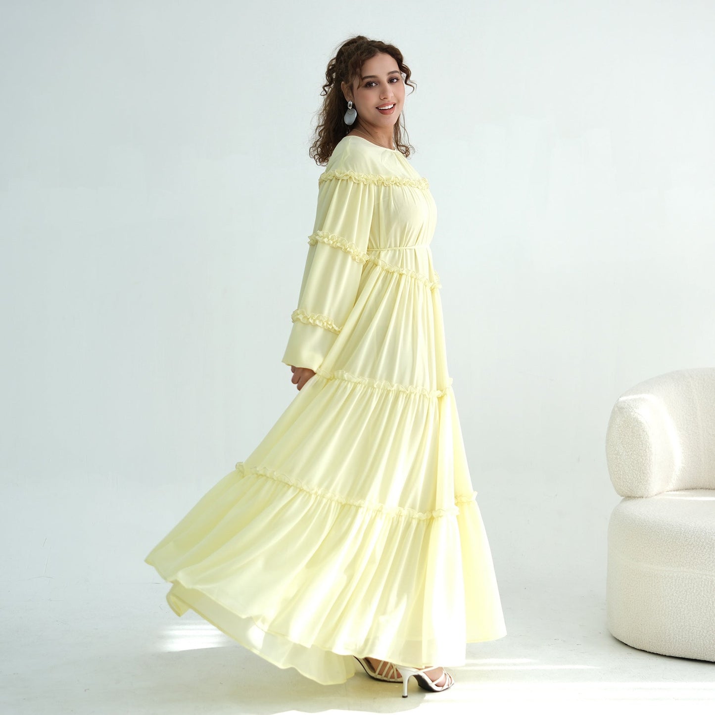 Lace-Trimmed Tiered Modest Dress - Long Sleeve A-Line Maxi