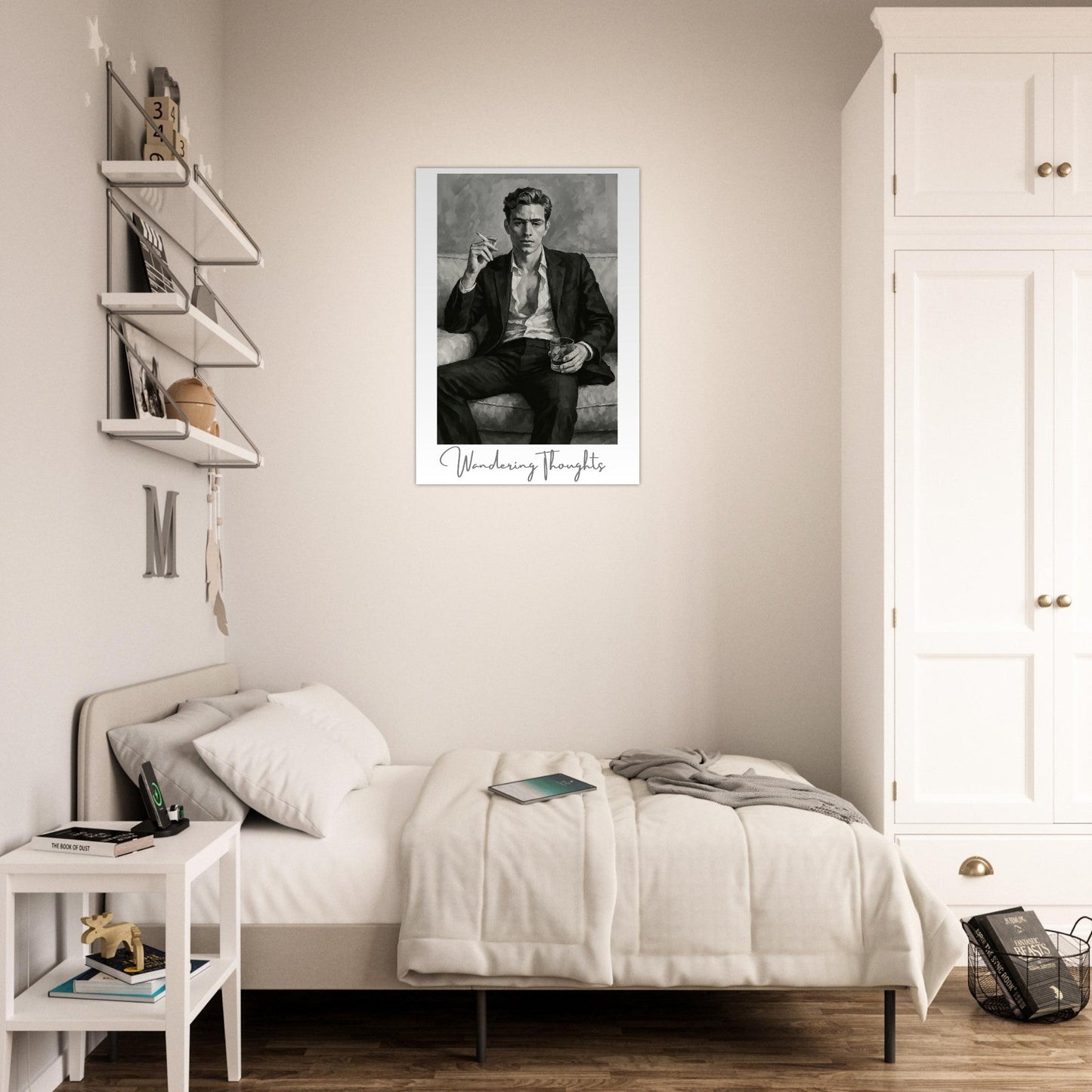 Contemplative Mood Poster. Stylish Man with Whiskey & Cigarette - Retro Decor