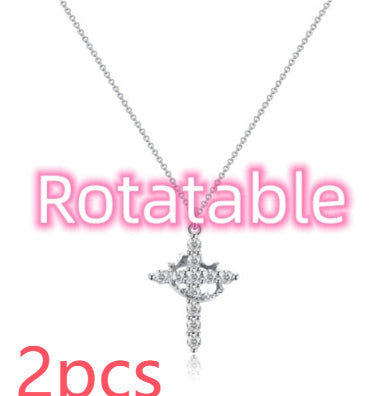 Fashion Jewelry Cross Full Diamond Crown Rotatable Necklace