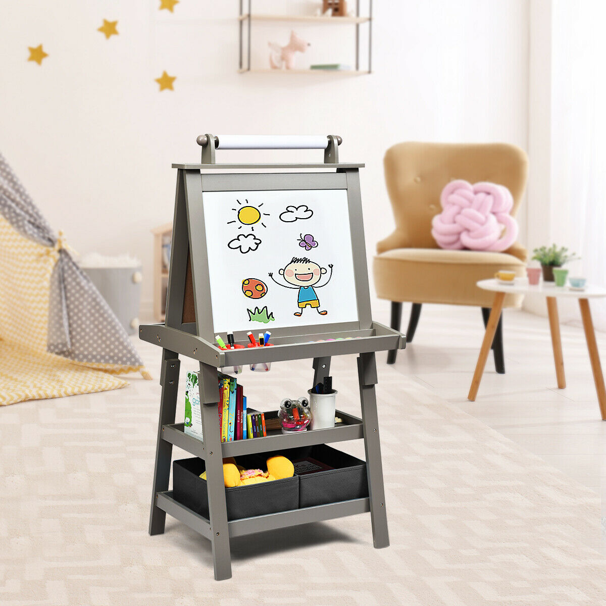 Children's Double-Sided Art Easel with Paper Roll-Blue