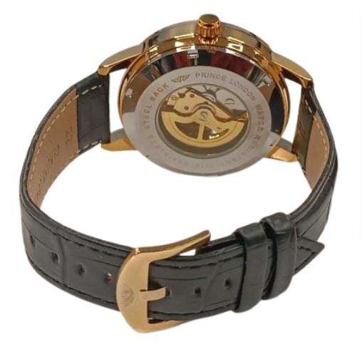 NY London Mens Automatic Dial Analogue Gold/White with Black Leather Strap Watch