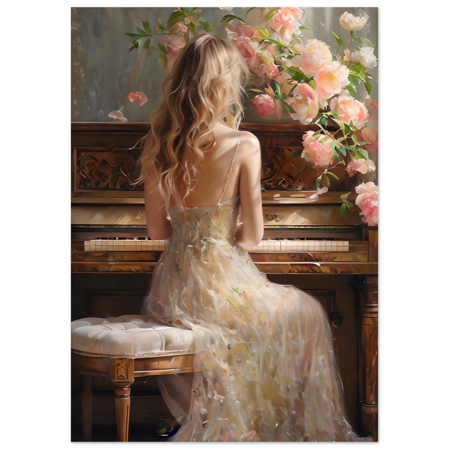 Romantic Piano Wall Art – Vintage Floral Music Print