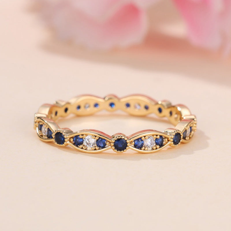 Golden Royal Blue Diamond-Edged White Diamond Light Luxury Women's Ring