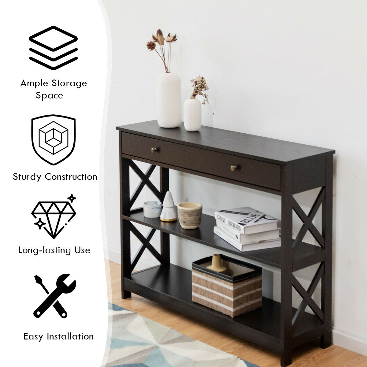 3-Tier Console Table with 1 Drawer and 2 Storage Shelves-Turquoise