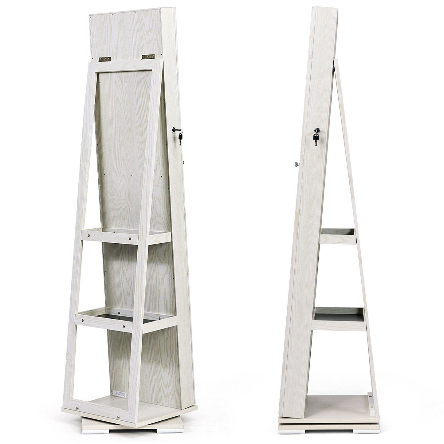 Full Length Mirrored Jewellery Cabinet Rotates 360° with Open Display Shelves-Brown