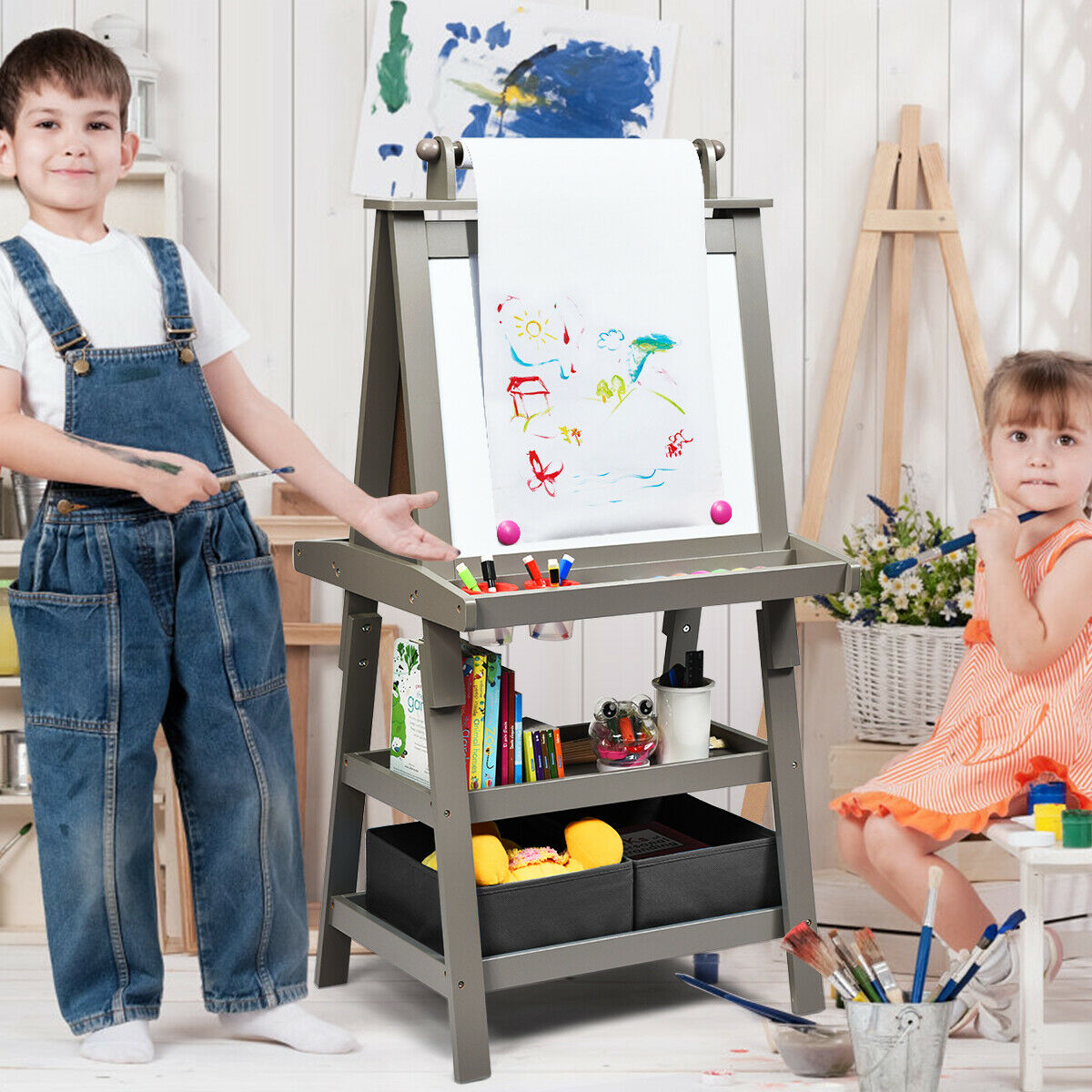Children's Double-Sided Art Easel with Paper Roll-Blue