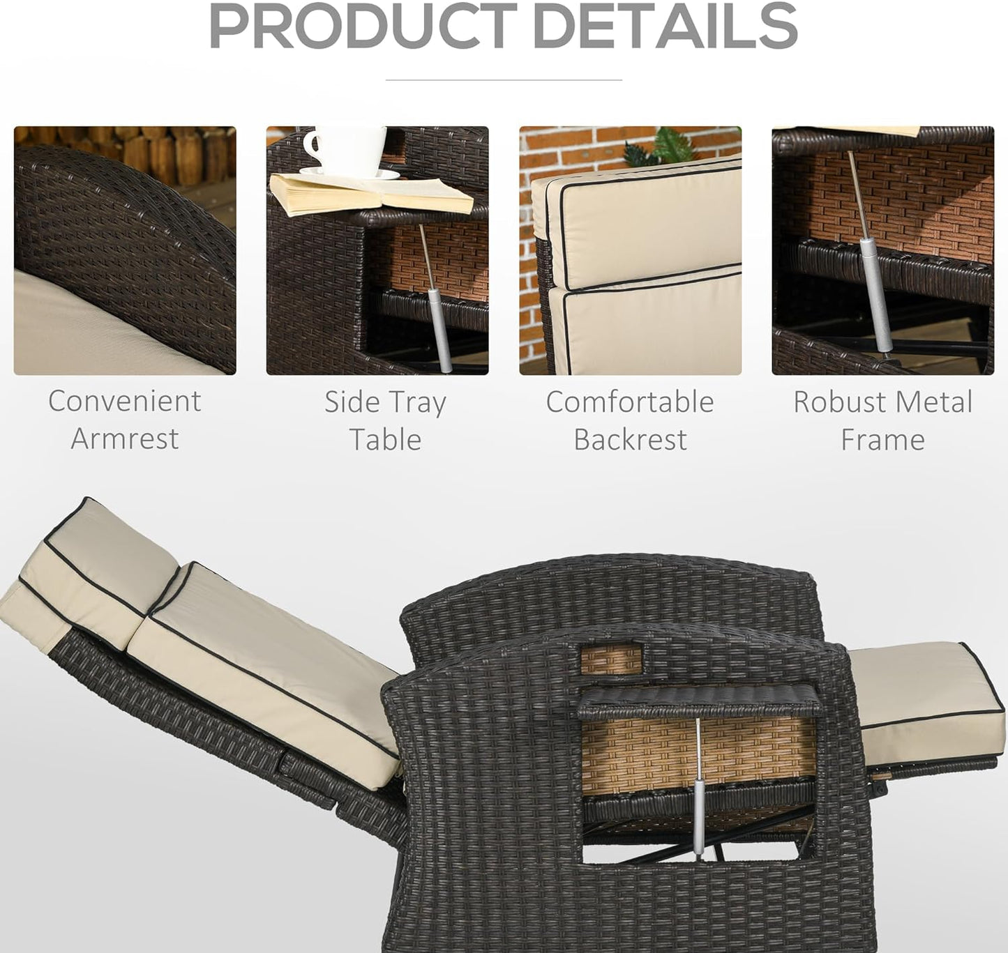 Outsunny Outdoor Recliner Chair with Cushion Rattan Reclining Lounge Chair