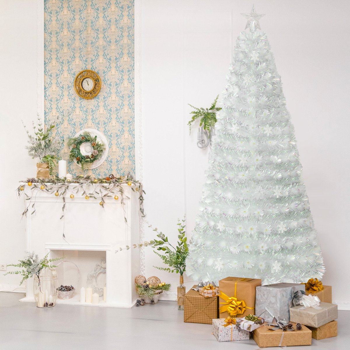 4/5/6 Feet Artificial Fiber Optic White Pre-lit Christmas Tree with Light-120 cm