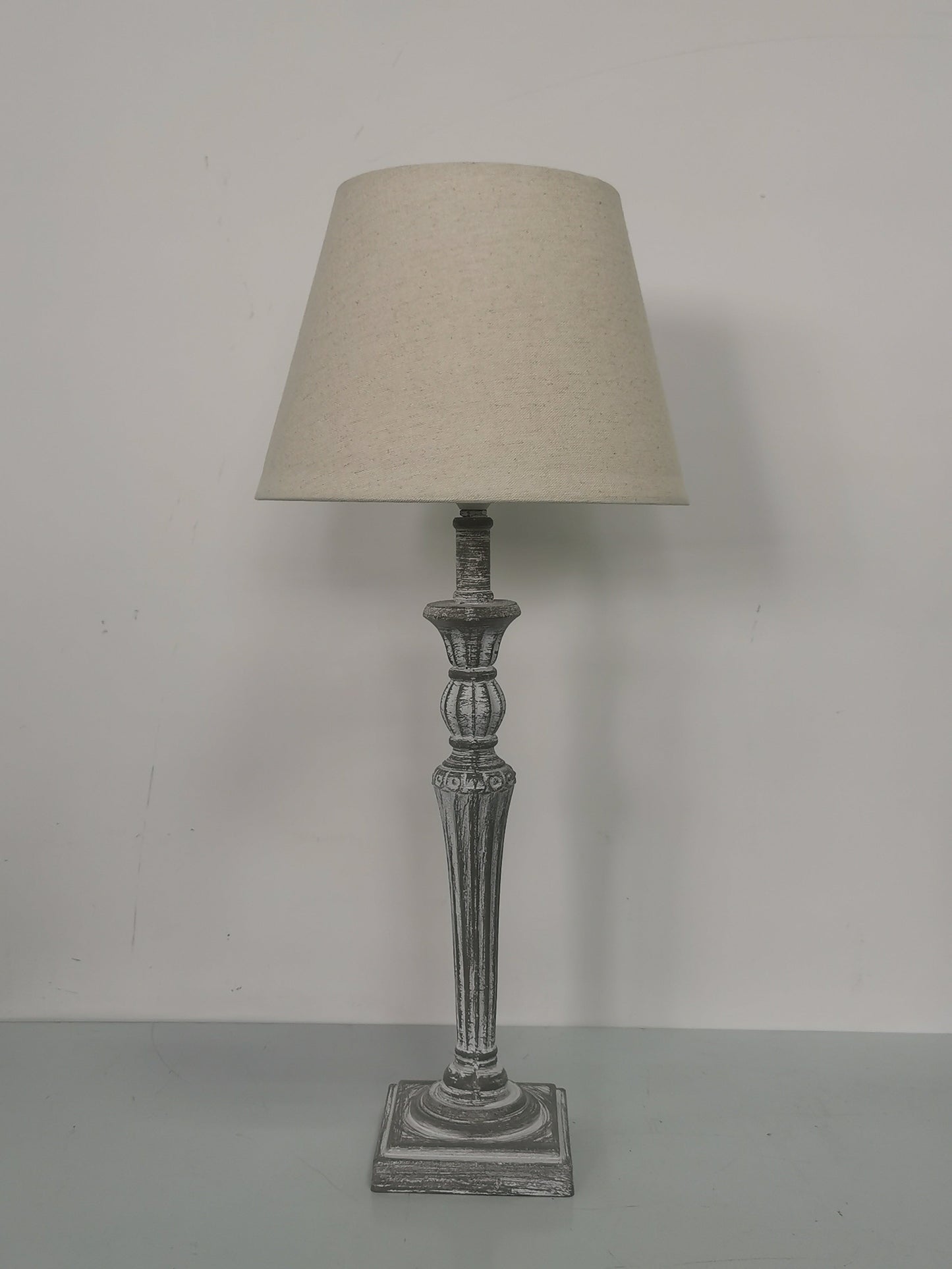 AcaciaHome Modern Tall Wooden Washed Table Lamp - Traditional Shabby Chic Design with Taupe Linen Shade, Wood Effect Finish for Living Rooms, Bedrooms, or Hallways Decor (32cm Grey with Cream Shade)