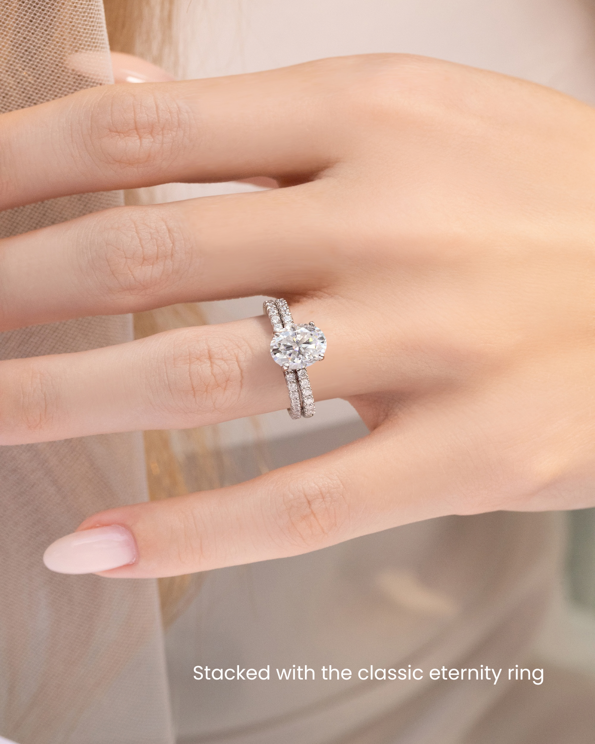 2 ct Oval Solitaire Moissanite Engagement Ring with Pavé Band in Sterling Silver