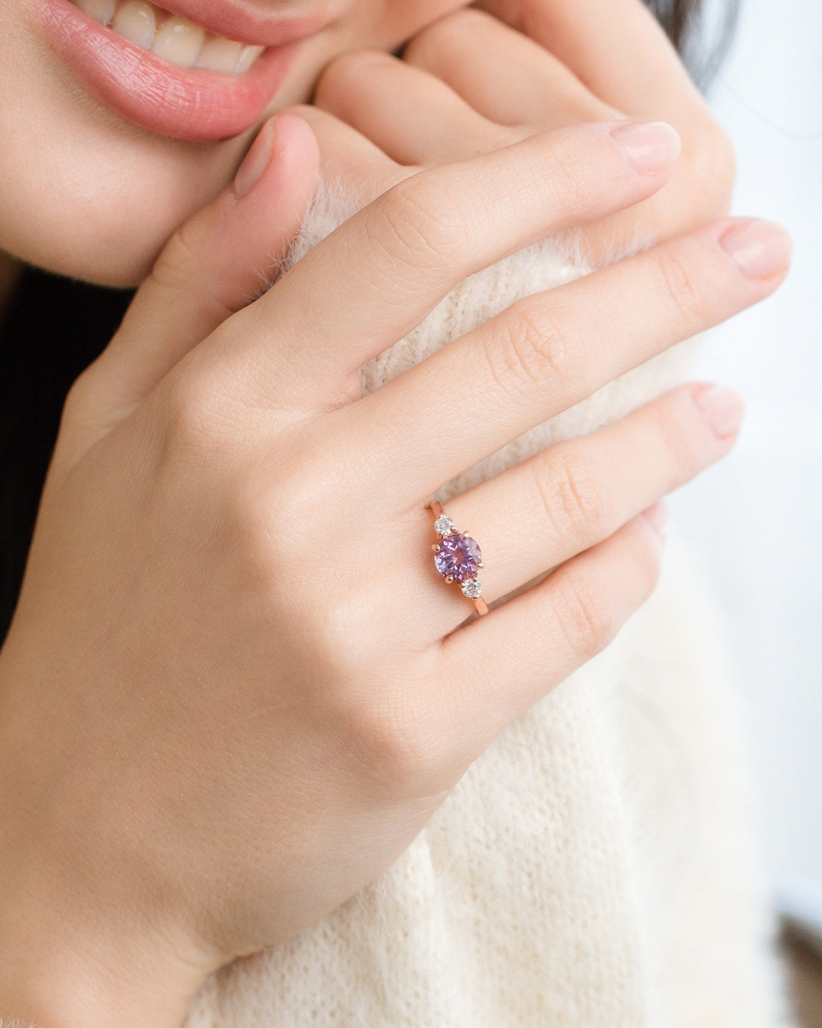 Lavender Amethyst Three Stone Ring in 18k Rose Gold Vermeil