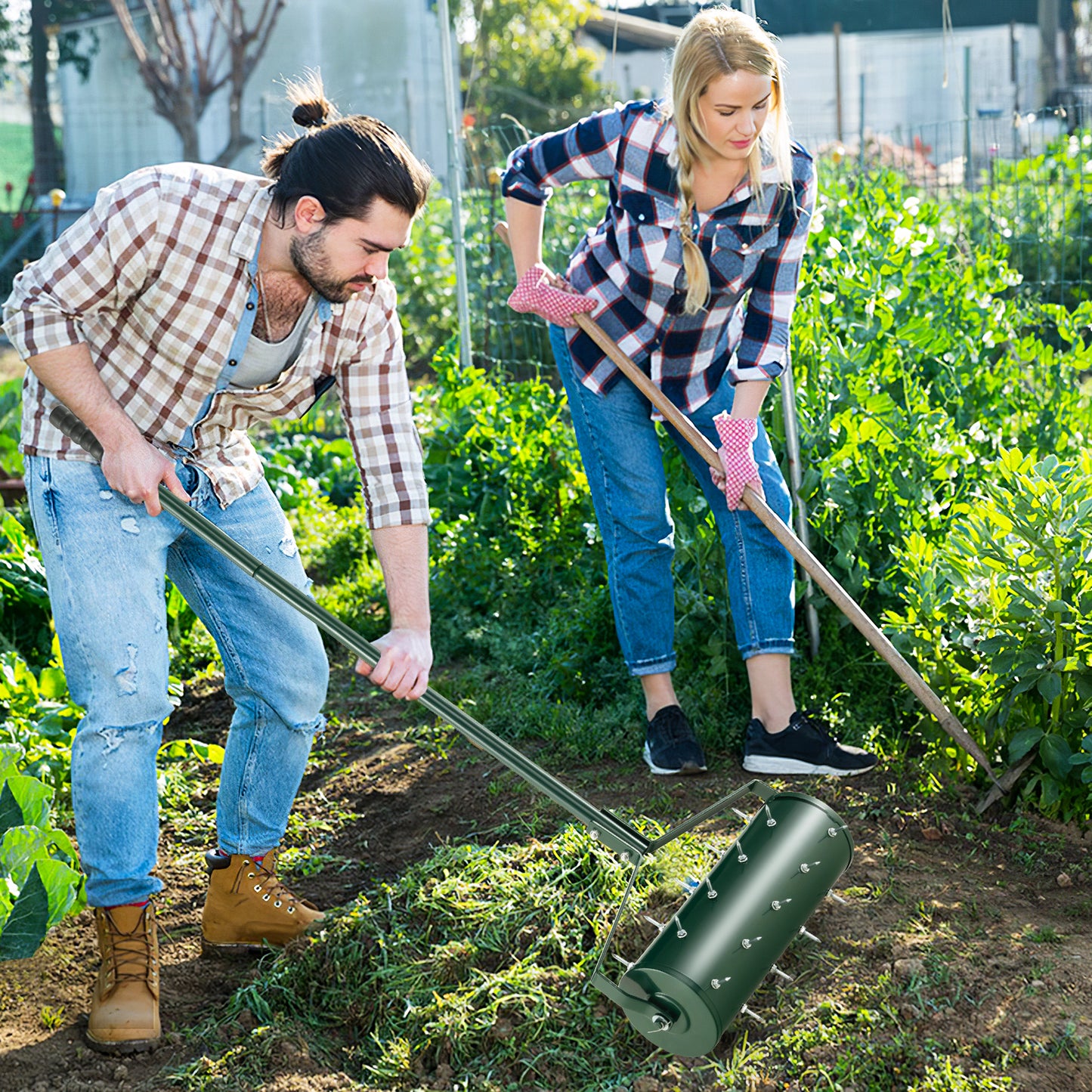 45 cm Manual Rolling Lawn Aerator Tool with 130 cm Detachable Handle-Black