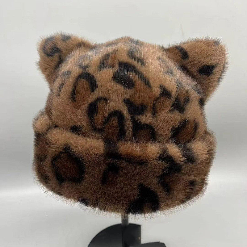 Japanese-style Leopard-print Bear-ear Plush Fisherman Hatcute Soft Warm Extra-thick And Lined With Plush