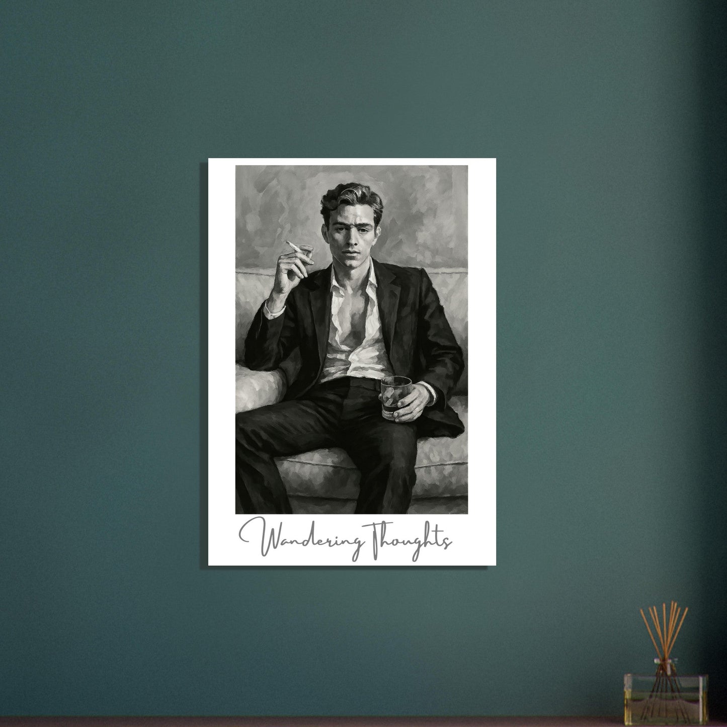 Contemplative Mood Poster. Stylish Man with Whiskey & Cigarette - Retro Decor