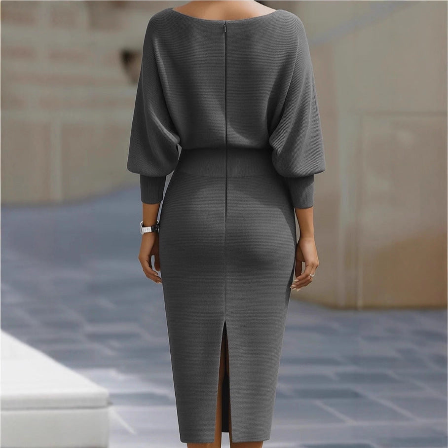 Pleated Batwing Sleeve Midi Dress - Women's Fashionable A-Line Casual Daywear