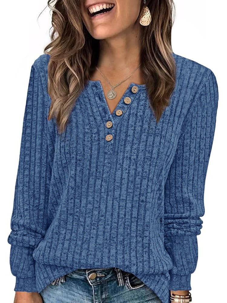 New Women's Round Neck Sunken Stripe Brushed Solid Color Button Stitching Solid Color T-shirt