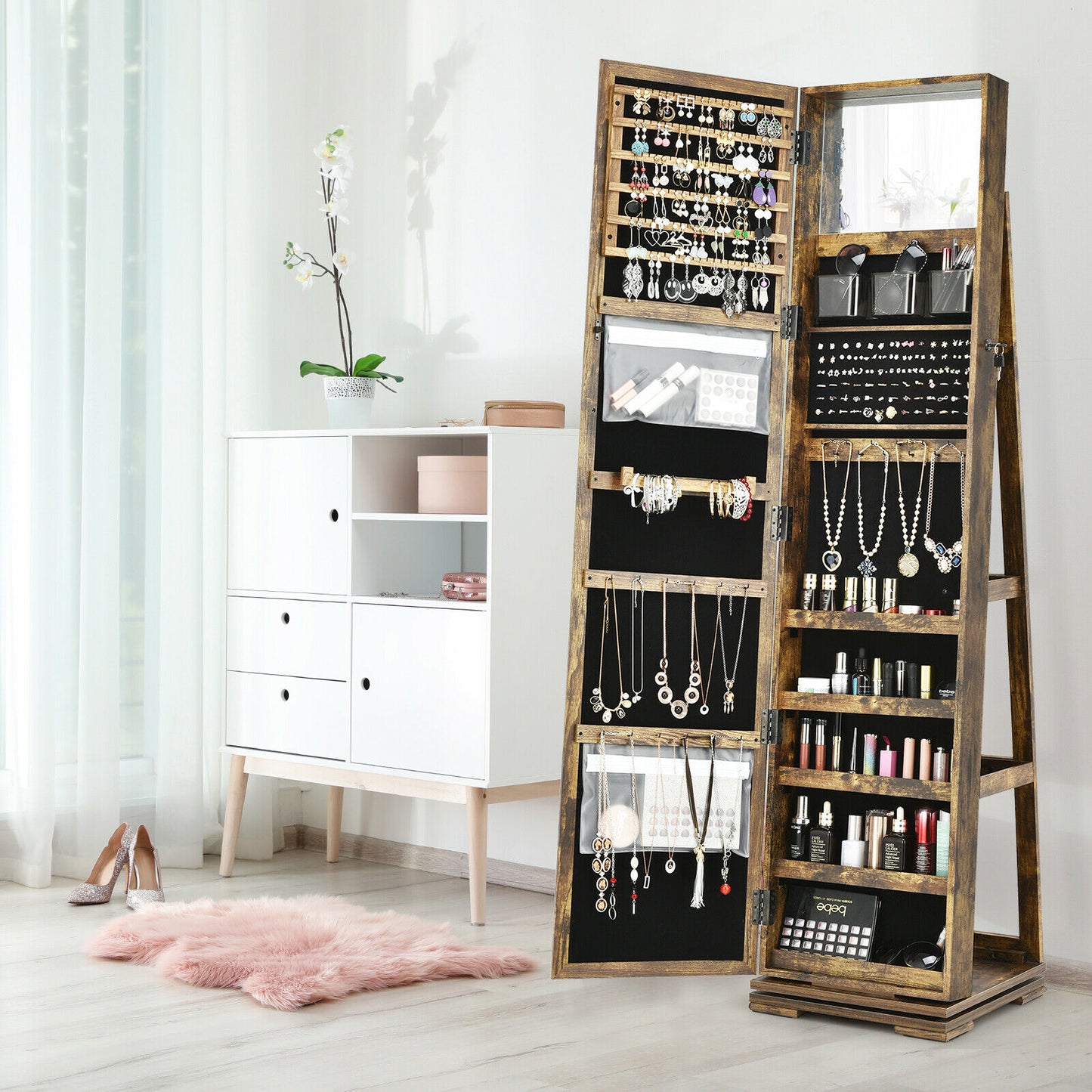 Full Length Mirrored Jewellery Cabinet Rotates 360° with Open Display Shelves-Brown