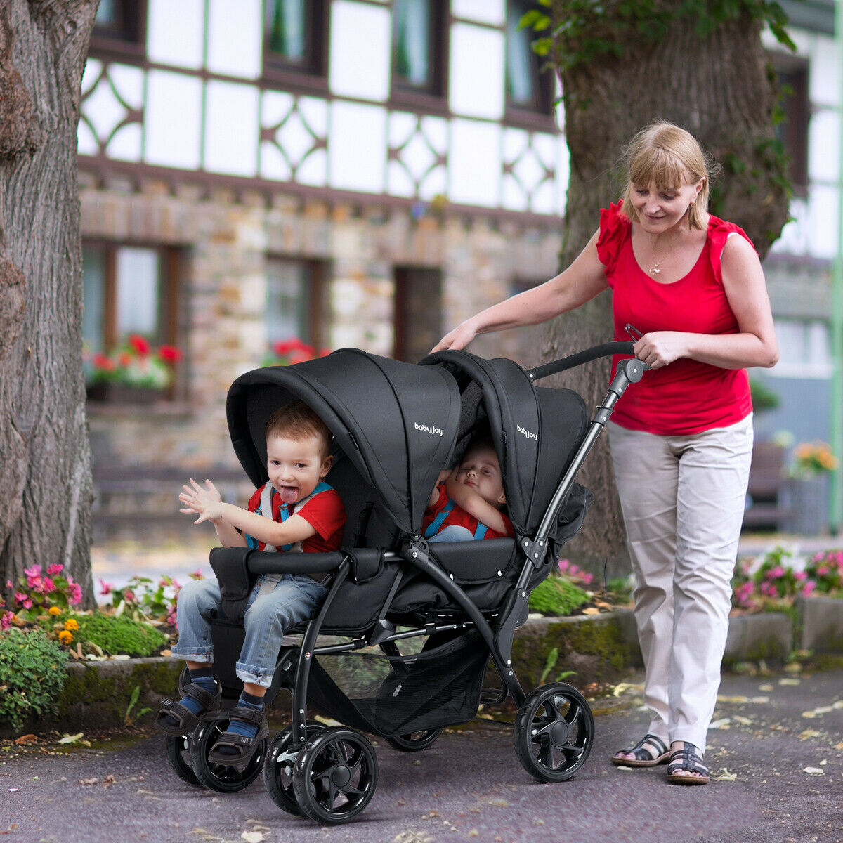 Double Pushchair with Adjustable Backrest and Sunshade-Blue